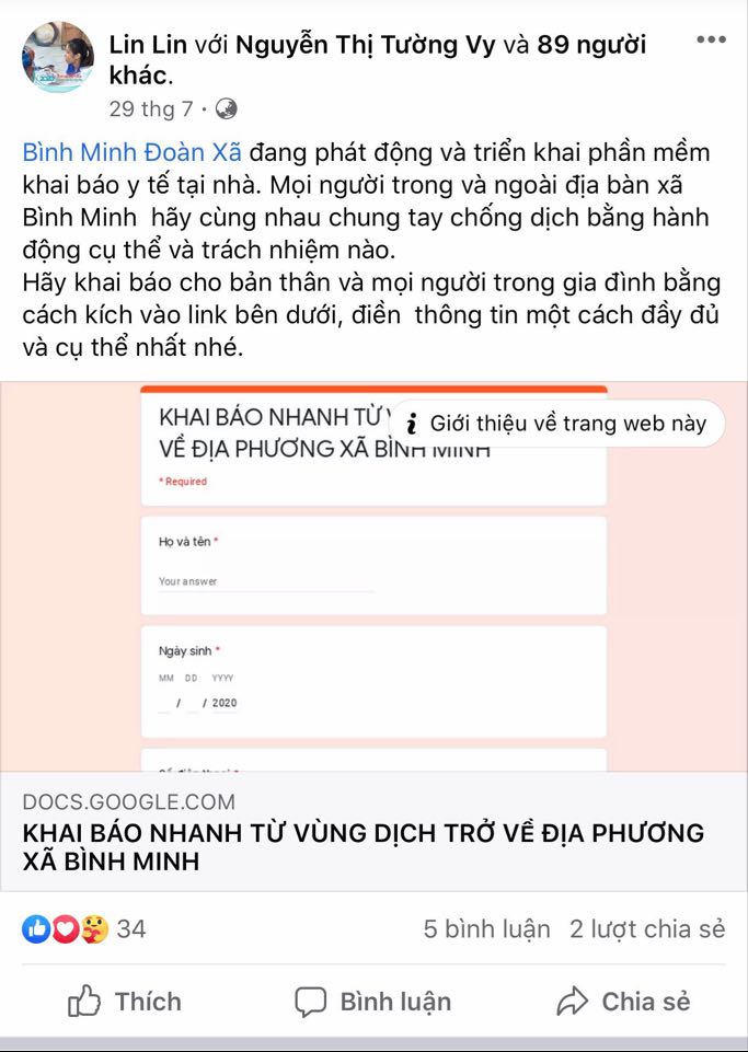 Phần mềm khai báo y tế của đoàn xã Bình Minh